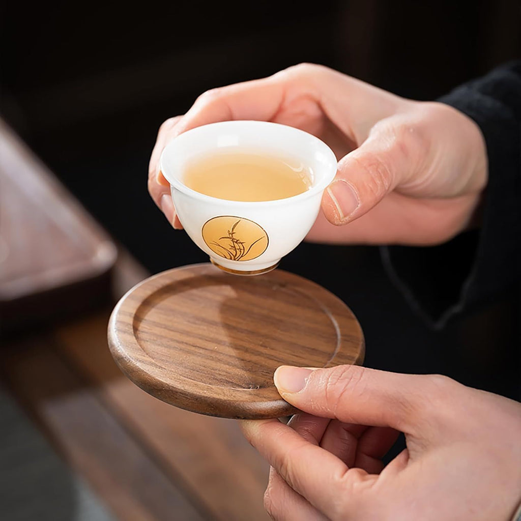 Coasters for Drinks Coffee Table Walnut Drink Coasters Set 6 PCS Wood Cup Coasters 3.5 Inch Non-Slip Round Wooden Coffee Mats with Holder for Bar Party