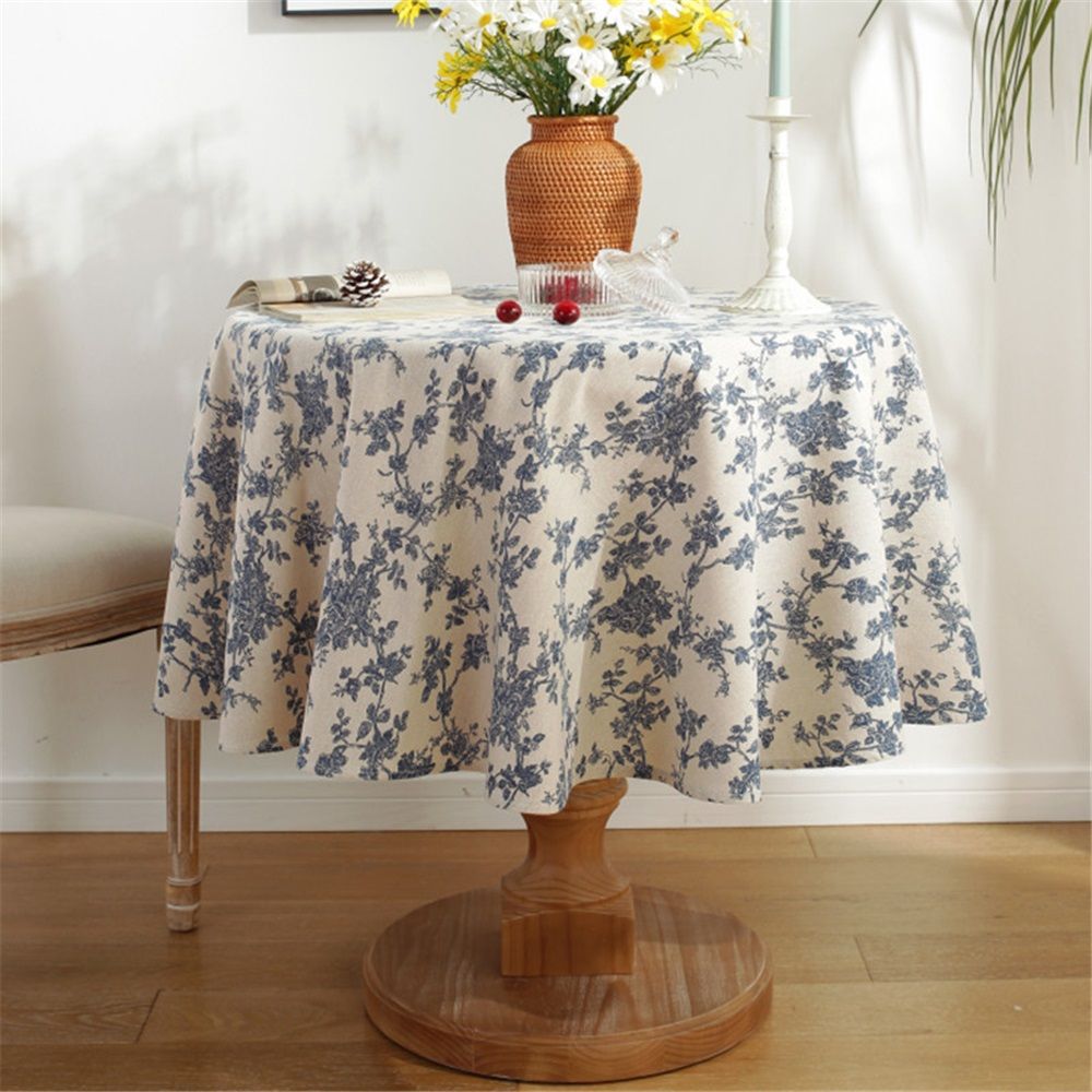 Cotton Vintage Round Tablecloth Floral Pastoral Table Cloth Washable Table Cover for Indoor&Outdoor,Farmhouse Decor,Picnic,Tabletop Decoration (Blue Floral, Round 55")