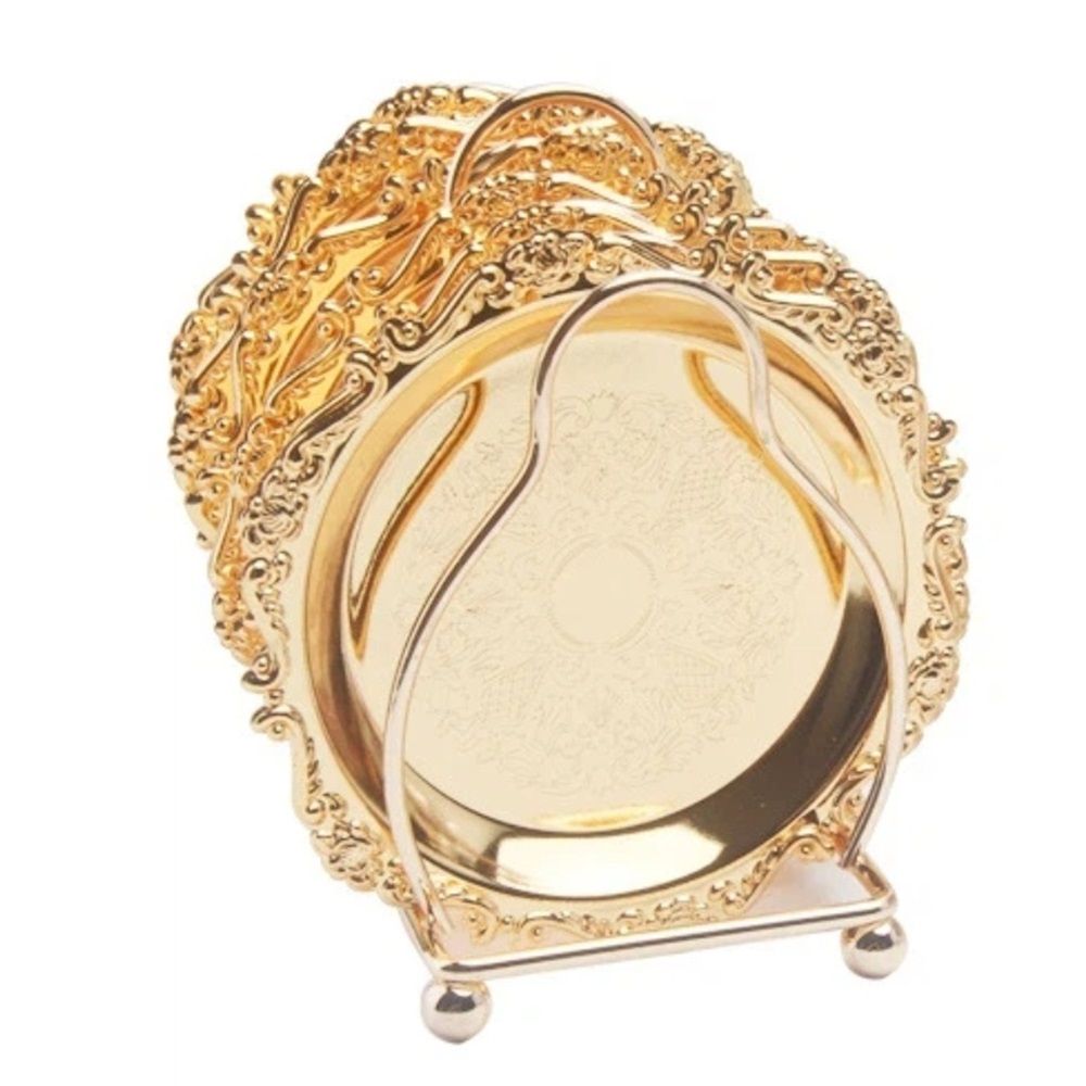 Coasters with Gold Holder Stand, Round Gold Style Coasters Decorative Tabletop Protection for Cake and Fruit Tray Kitchen Home, Set of 6