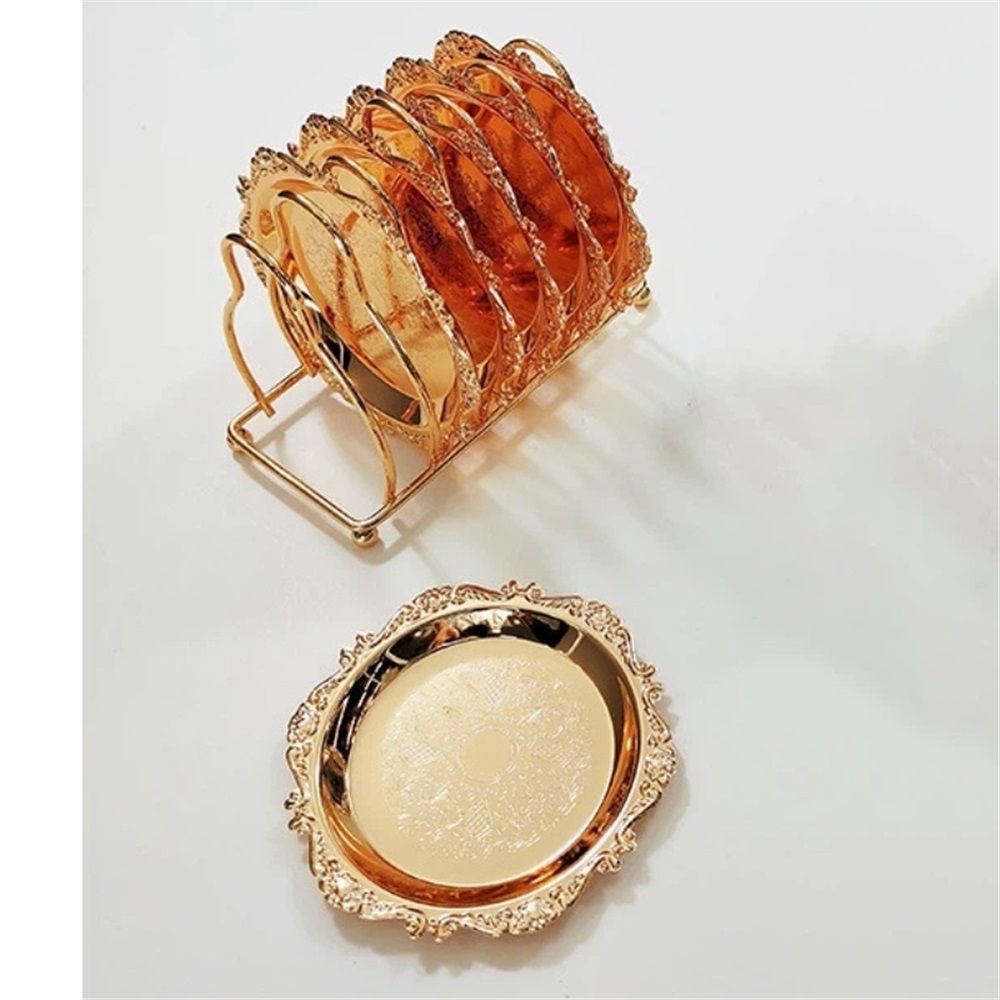 Coasters with Gold Holder Stand, Round Gold Style Coasters Decorative Tabletop Protection for Cake and Fruit Tray Kitchen Home, Set of 6