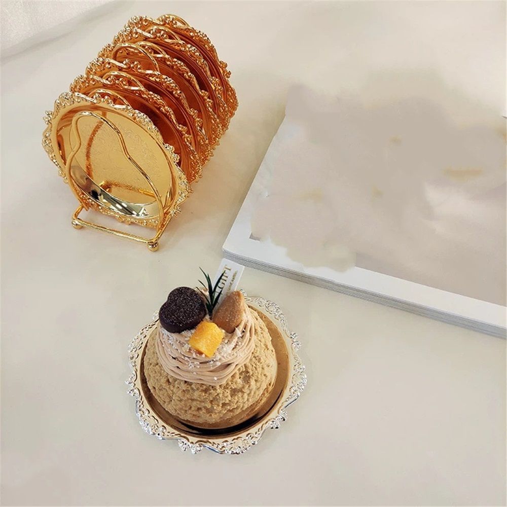 Coasters with Gold Holder Stand, Round Gold Style Coasters Decorative Tabletop Protection for Cake and Fruit Tray Kitchen Home, Set of 6