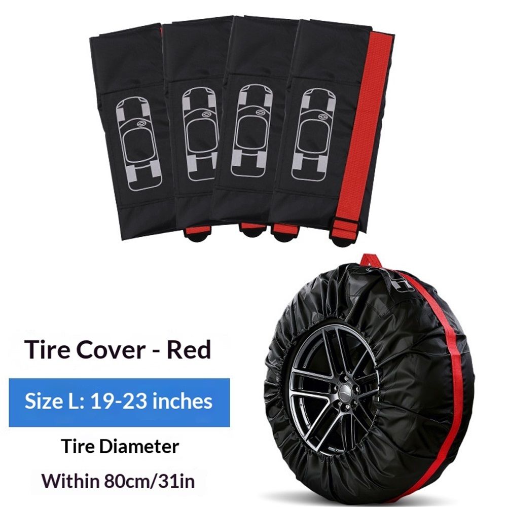 4 PCS Tire Cover, Seasonal Tire Totes, Wheel Tires Storage Bags, Waterproof Dustproof Wheel Covers Fit for 19"-23" Tyres (Diameter 80cm)-Black/Red