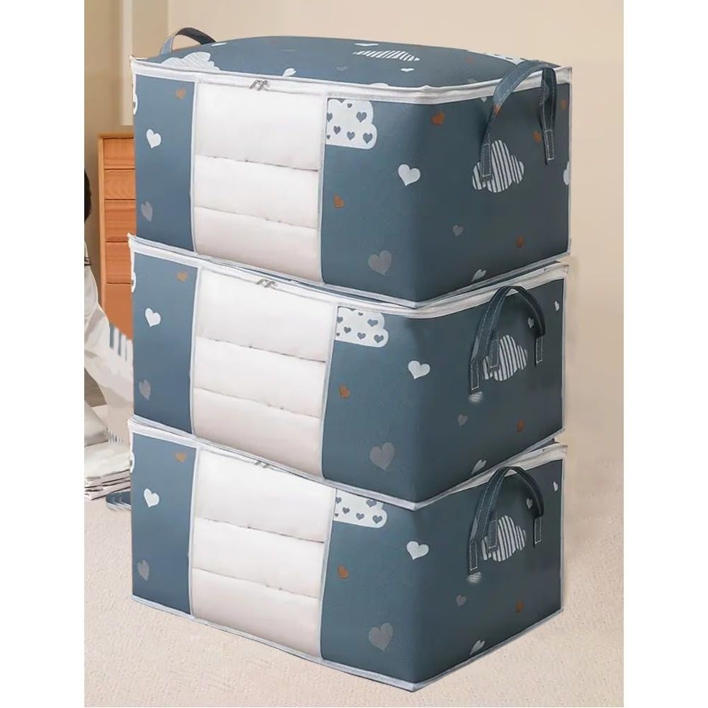 3 Pcs Foldable Storage Bag Organizer with Reinforced Handle,Clear Window,Zipper Closure,Moving Bags and Storage Containers for Bedding,Comforters,Clothing,Navy Blue.（only bags）