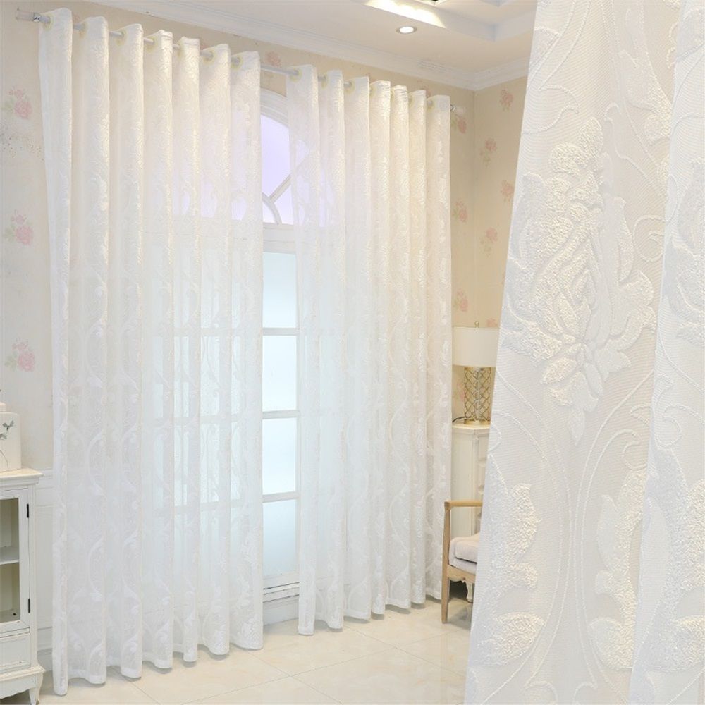 White Sheer Curtains 200cm Long for Living Room - Pattern Embroidered Leaf Light Filtering Grommet Window Semi Sheer Voile Spring Decor Drapes, Each Panel 100*200cm