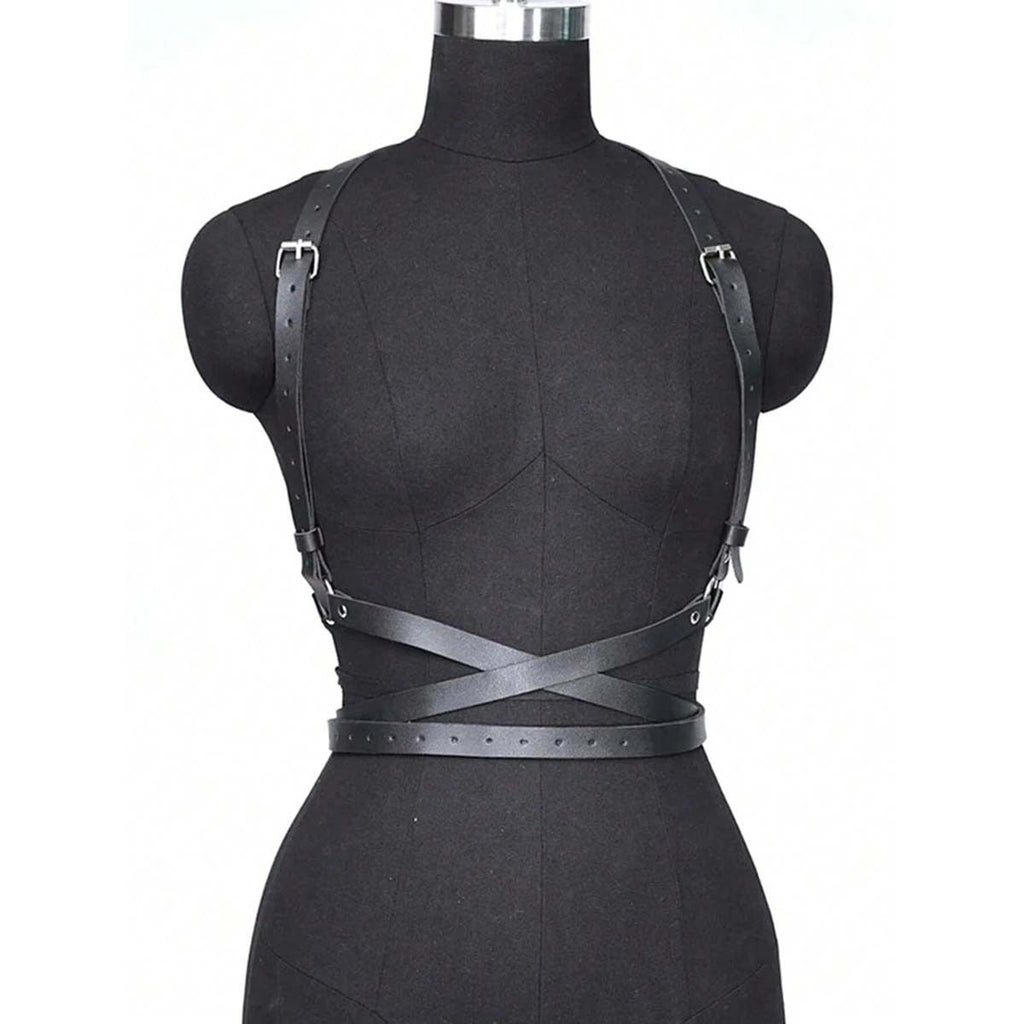 Punk Waist Belt Women PU Leather Skinny Body Adjustable Belts with Gothic Circle for Party, Nightclub, Dating
