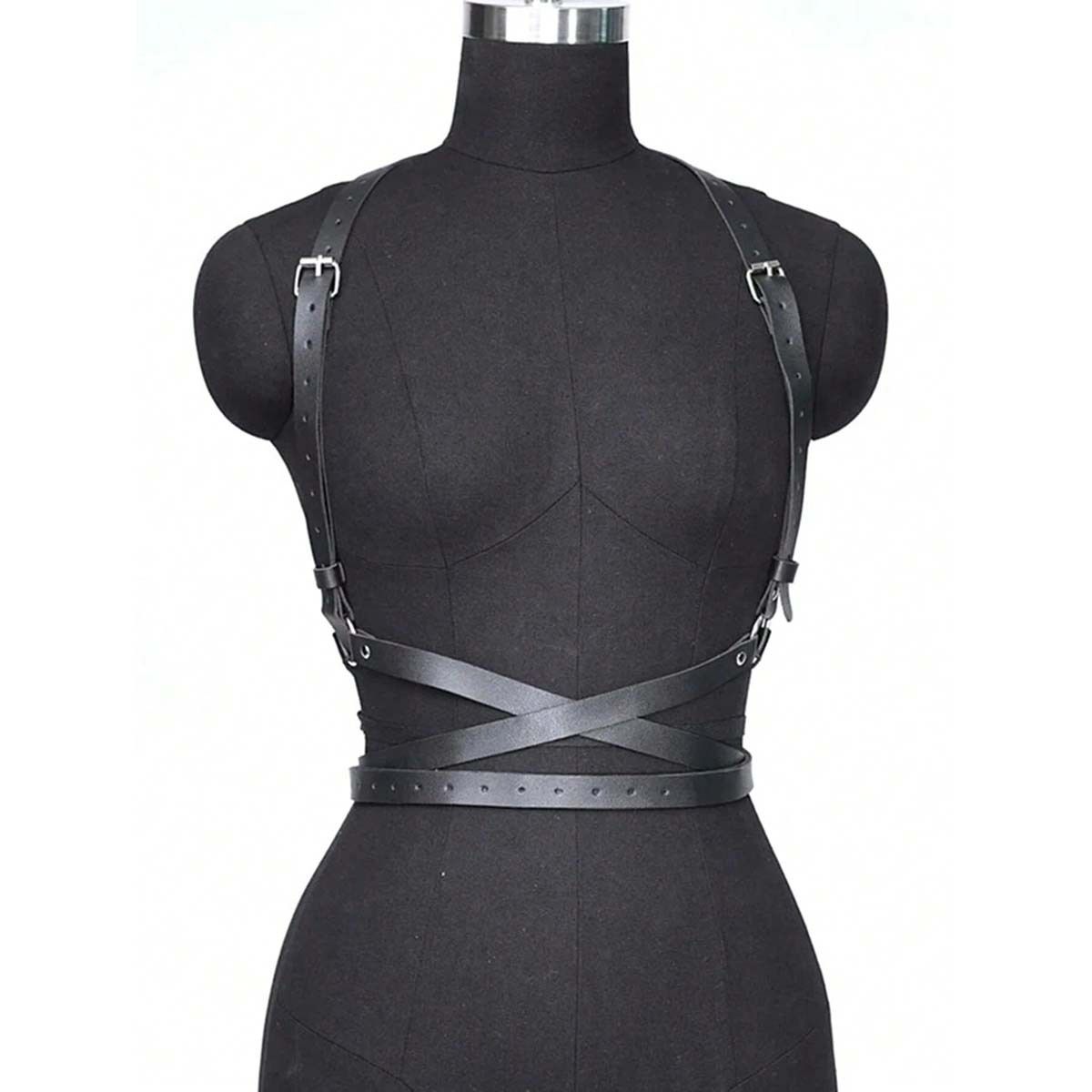 Punk Waist Belt Women PU Leather Skinny Body Adjustable Belts with Gothic Circle for Party, Nightclub, Dating