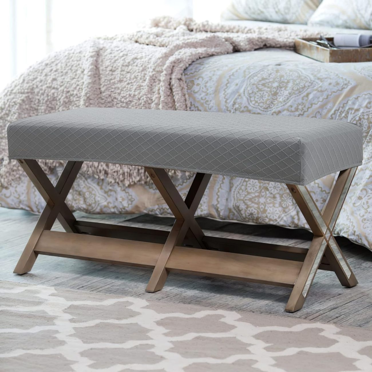 Bench Cover Waterproof Bench Covers Slipcover Rectangle Stretch Bench Covers for Dining Room Kitchen Washable Bench Slipcover Protector (Bench Cover,Beige)