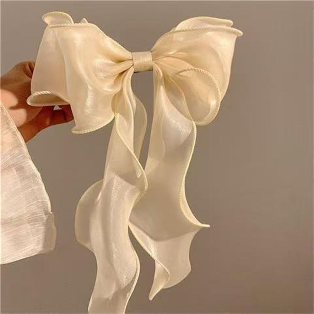 2 pack Vintage Long Silk Bow Hair Clip Barrette Ribbon Mesh Bow Head Clip Headwear Bowknot Accessories for Women (beige)