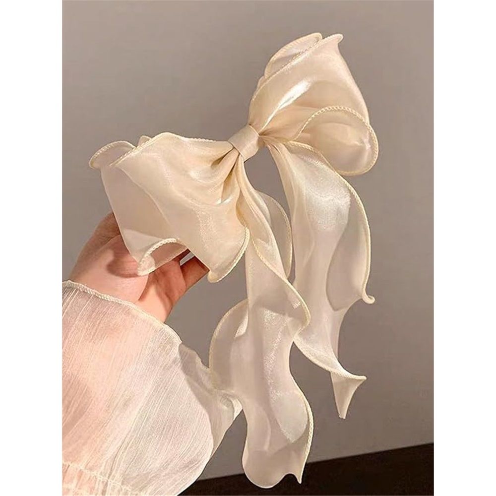 2 pack Vintage Long Silk Bow Hair Clip Barrette Ribbon Mesh Bow Head Clip Headwear Bowknot Accessories for Women (beige)