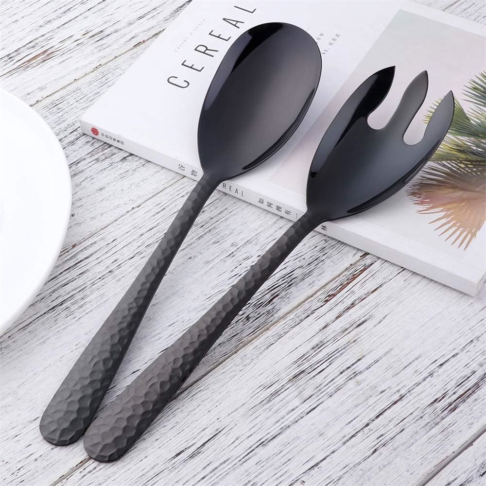 Salad Spoon and Fork Set, 12 Inch Stainless Steel Salad Server, Black Serving Utensils, Dishwasher Safe, Pack of 2