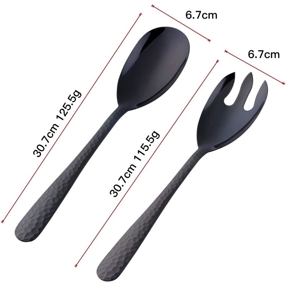 Salad Spoon and Fork Set, 12 Inch Stainless Steel Salad Server, Black Serving Utensils, Dishwasher Safe, Pack of 2