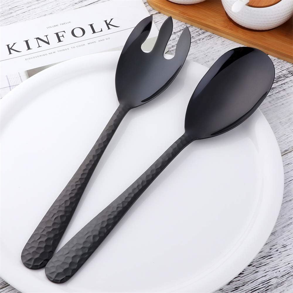 Salad Spoon and Fork Set, 12 Inch Stainless Steel Salad Server, Black Serving Utensils, Dishwasher Safe, Pack of 2