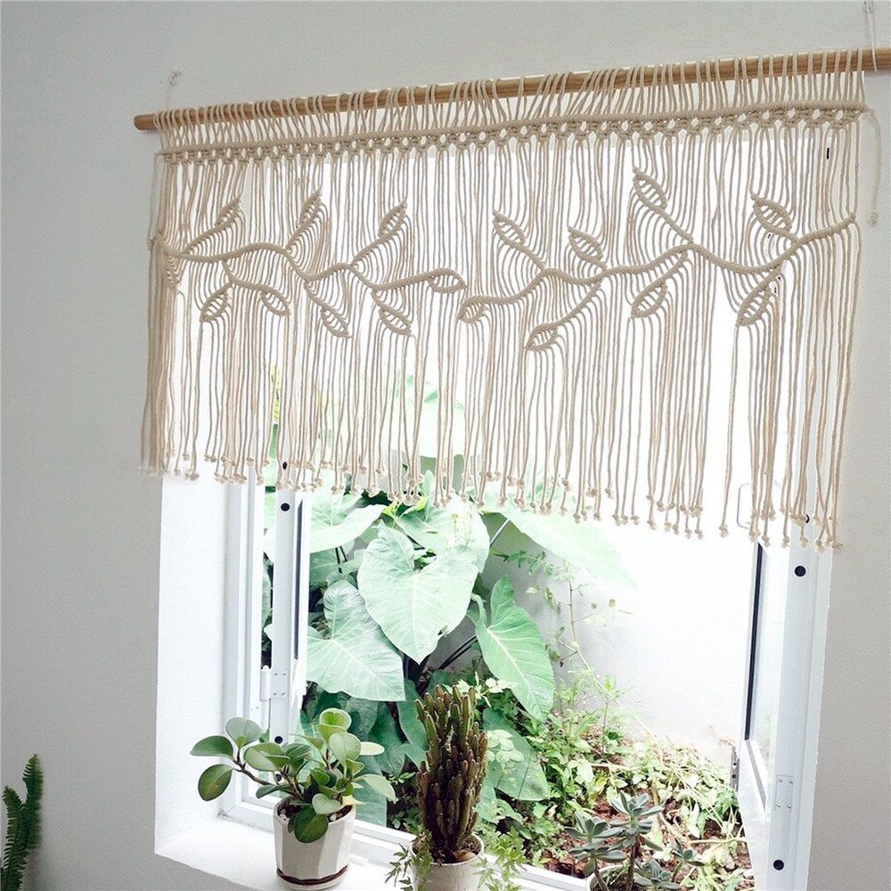 Curtain for Windows 100*55cm Farmhouse Boho Curtains for Bedroom Window Valance with Tassels Leaf Valance Treatments for Bedroom Livingroom Kitchen Bathroom Wall Decor（rodless）