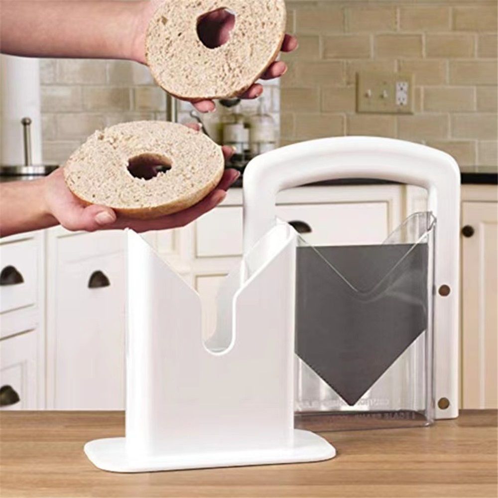 Slicer, Bagel Cutter with Safety Shield and Safe Grip, Bagel Holder for Cutting Large and Small Bagels, Stainless Steel Blade (White)