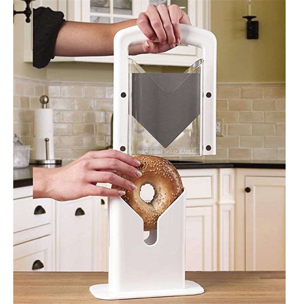 Slicer, Bagel Cutter with Safety Shield and Safe Grip, Bagel Holder for Cutting Large and Small Bagels, Stainless Steel Blade (White)