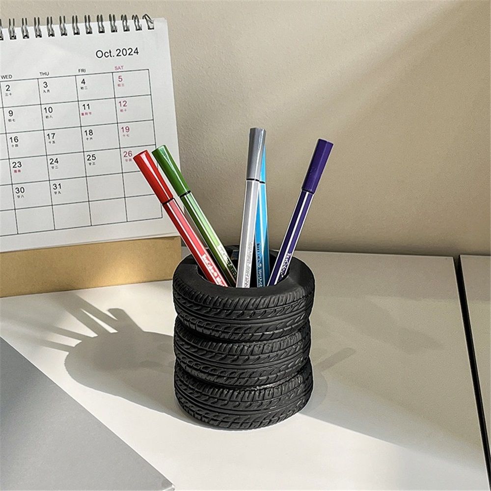 Tire Shaped Pen Holder for Desk, Novelty Office Decor, Tabletop Pencil Holder, Black Pen Organizer with Base, car enthusiasts Mechanic Present