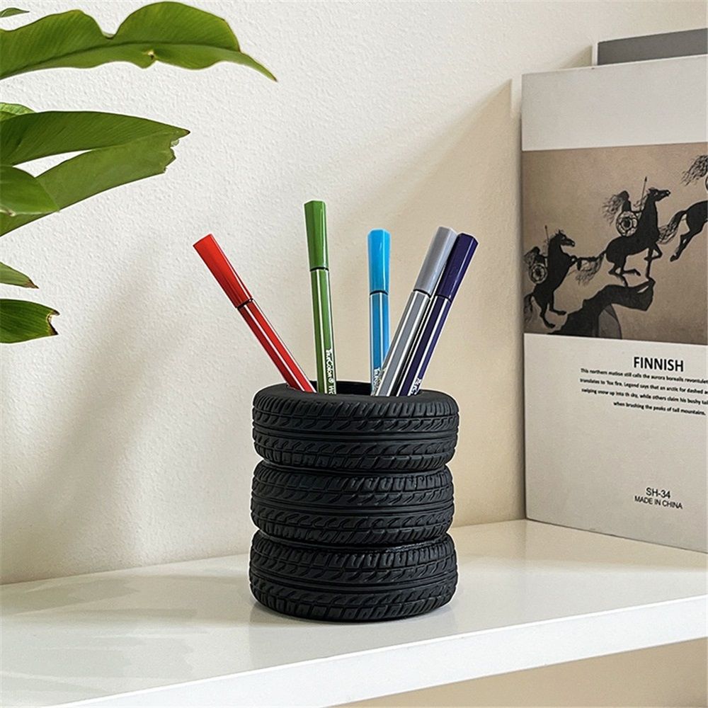 Tire Shaped Pen Holder for Desk, Novelty Office Decor, Tabletop Pencil Holder, Black Pen Organizer with Base, car enthusiasts Mechanic Present