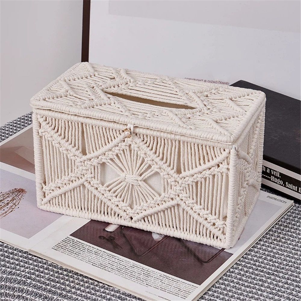 Handmade Tissue Box Cover Rectangle Decorative Boho Tissue Holder Cotton Rope Woven Napkin Facial Paper Organizer Bohemian Desk Storage Container (Ivory)