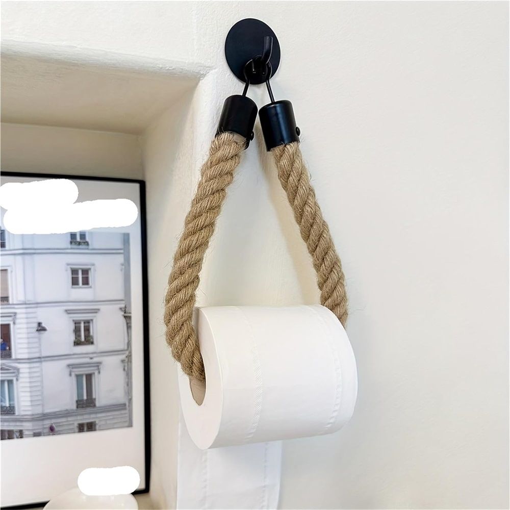 2 pack Rope Toilet Paper Holder - Self Adhesive, No Drill Required, Black, Stainless Steel and Cotton Rope