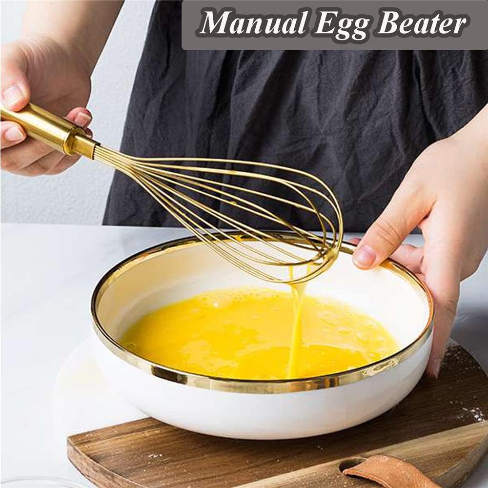 Stainless Steel Egg Whisk with Gold Plating - Ecofriendly Manual Egg Beater, Milk Frother, Hand Blender, Cake Tool and kitchen Gadget – Gold