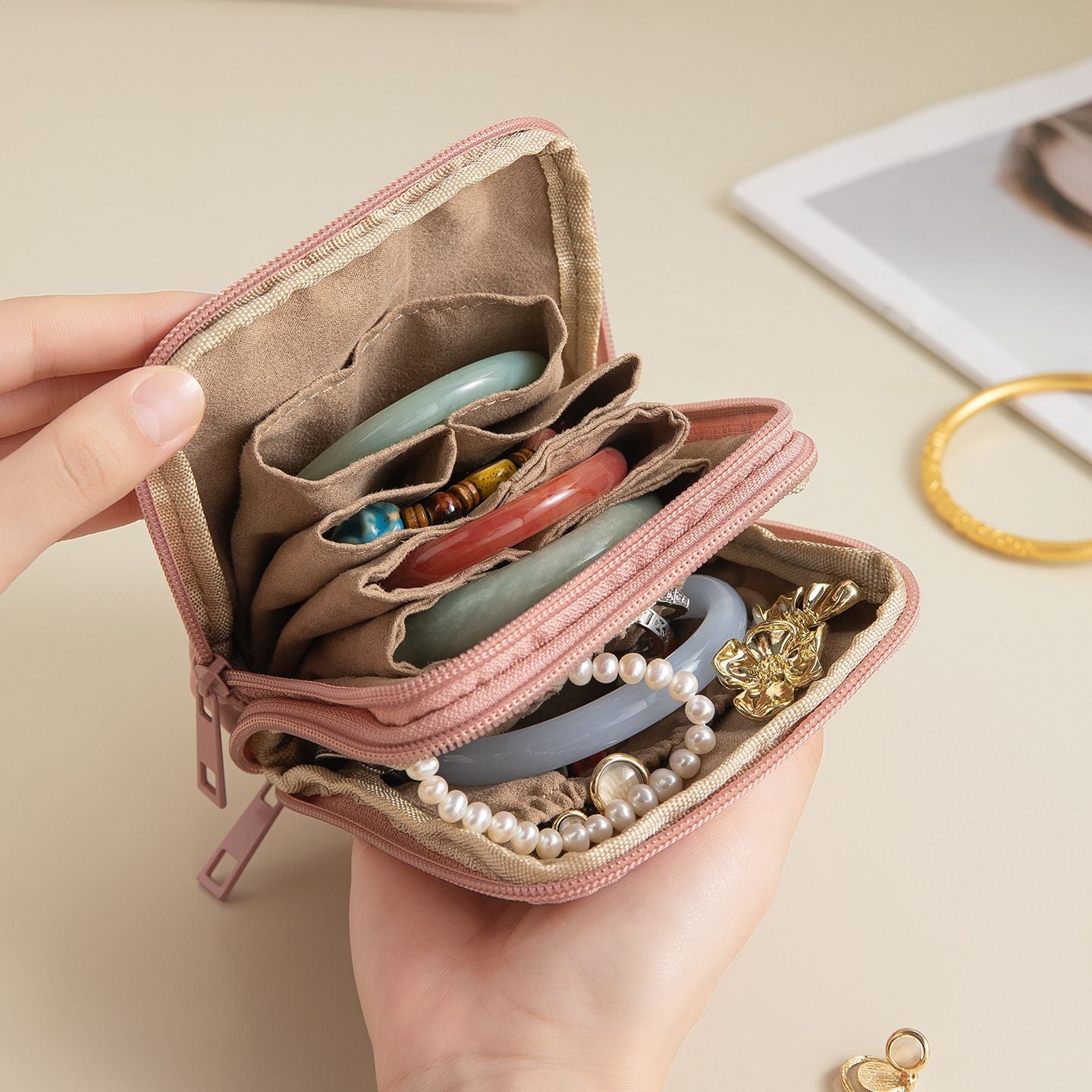 Small Travel Jewelry Case, Jewelry Pouch Bag with Zipper, Valentines Gifts for Women, Jewelry Organizer for Bracelet Bangle Rings Earring (Pink,only bag)
