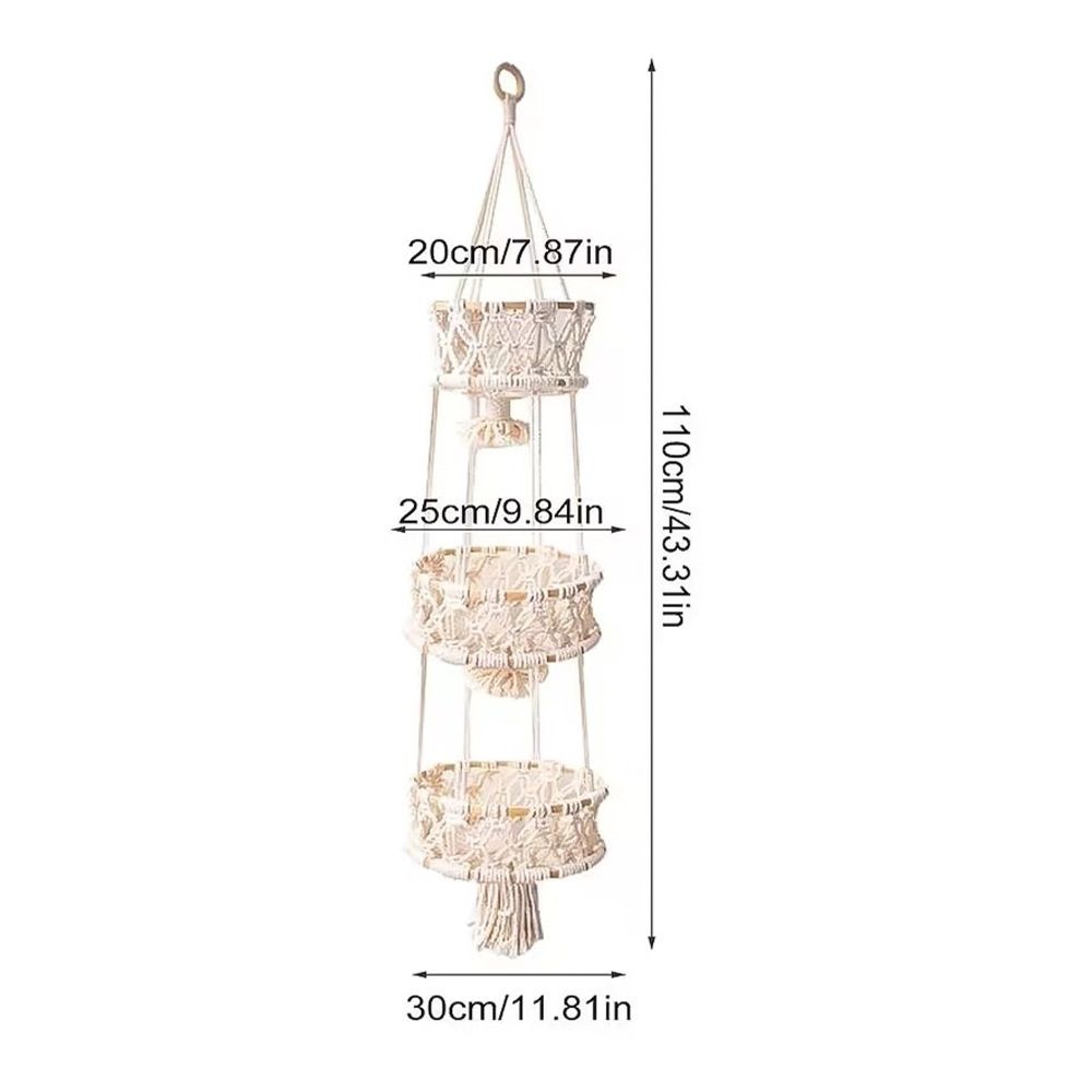 3 Tier Hanging Basket - Space Saving Hanging Fruit Basket for Kitchen or Decorative Boho Decor Hanging Plant Holder - Use for Produce Baskets, Indoor Planter Hangers, Beige