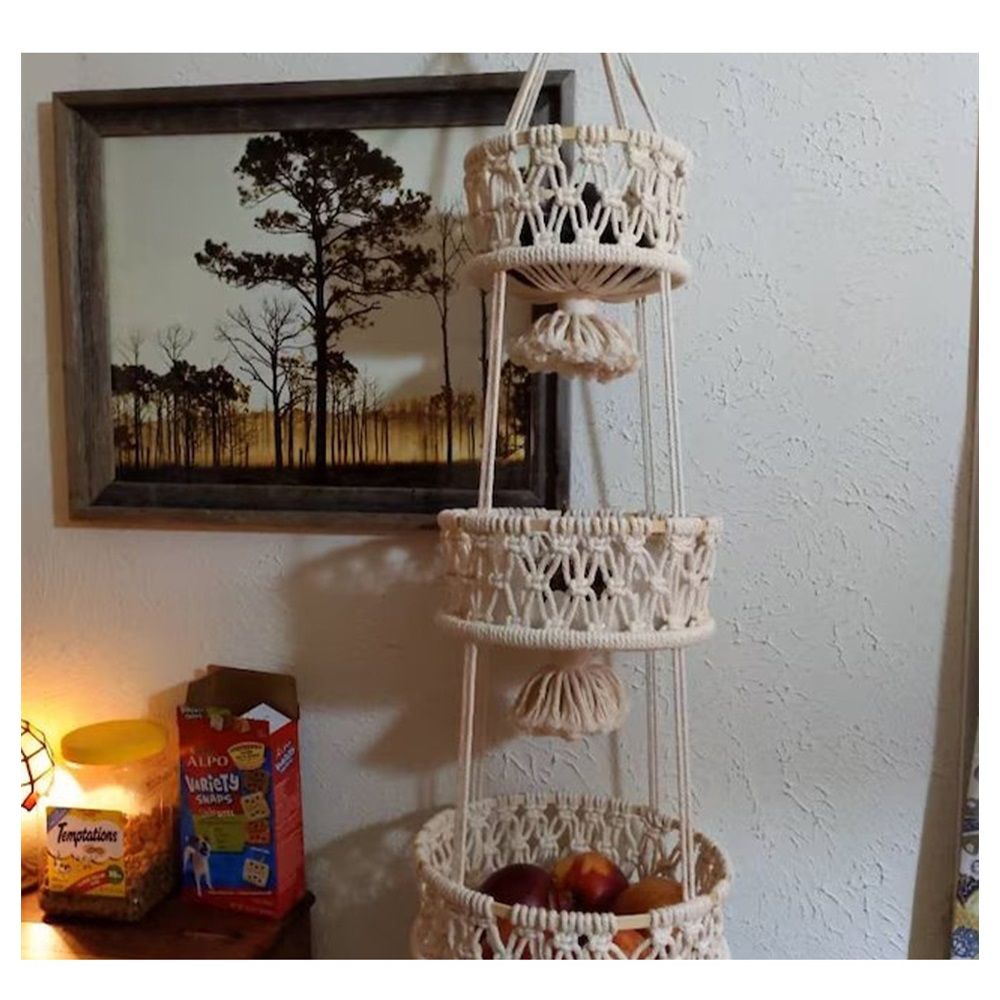 3 Tier Hanging Basket - Space Saving Hanging Fruit Basket for Kitchen or Decorative Boho Decor Hanging Plant Holder - Use for Produce Baskets, Indoor Planter Hangers, Beige