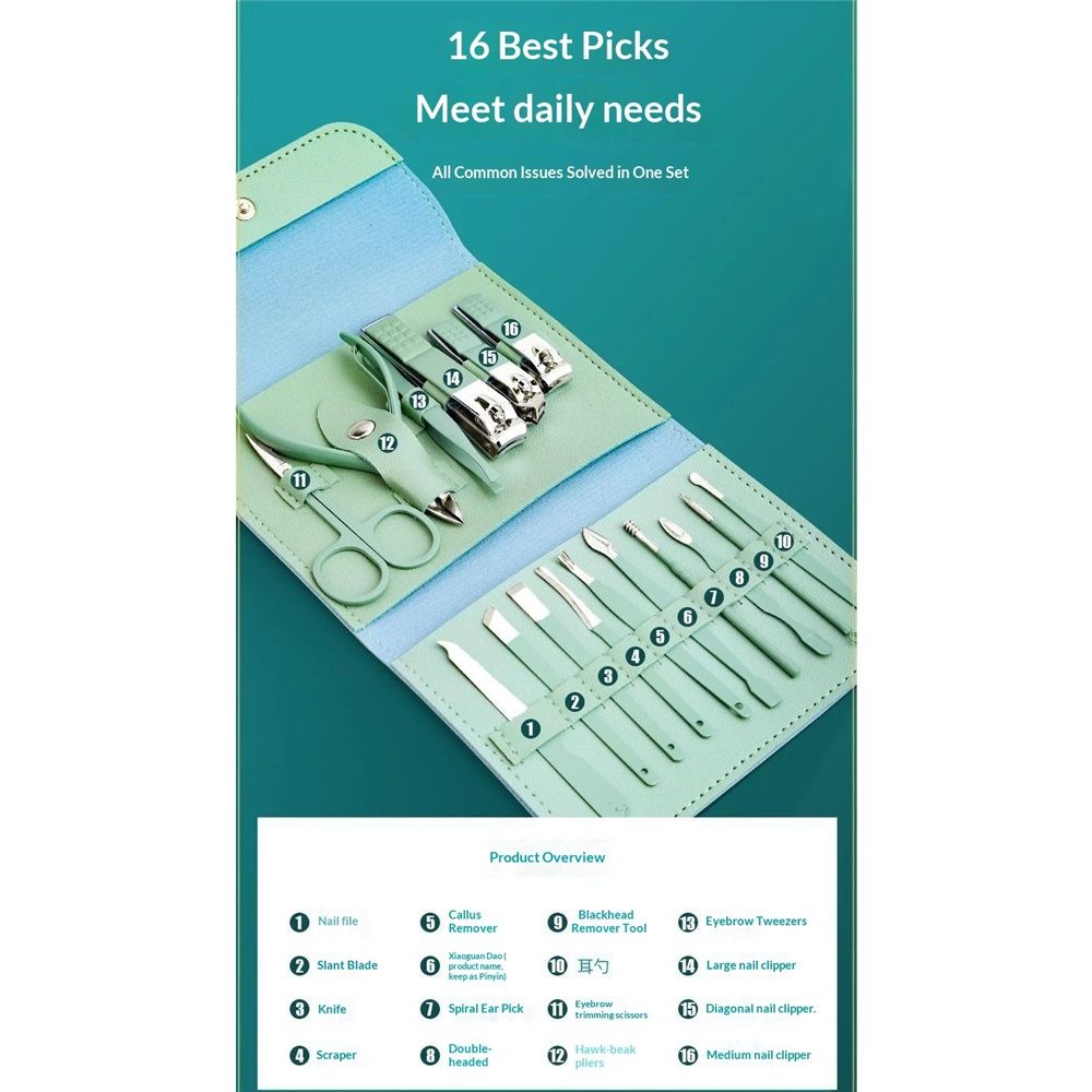 Manicure Set Professional, Nail Clippers, Pedicure Kit, 16 In 1 Grooming Kit Stainless Steel, Toenail Scissors Tools for Men Women Mint Upgraded Version