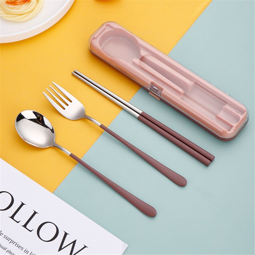 Portable Utensils, Travel Reusable Silverware Flatware Set for Lunch, Stainless Steel 3-Piece Camping Cutlery Include Fork Spoon Chopsticks with Case (Brown)