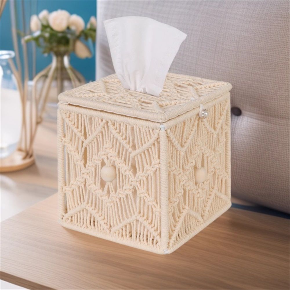 Tissue Box Cover Square Open-Bottom Tissue Box Holder Boho Decor Tissue Organizer Bohemian Handmade Woven Tissue Cube Box for Bathroom Bedroom Dresser Living Room Office Dorm, beige