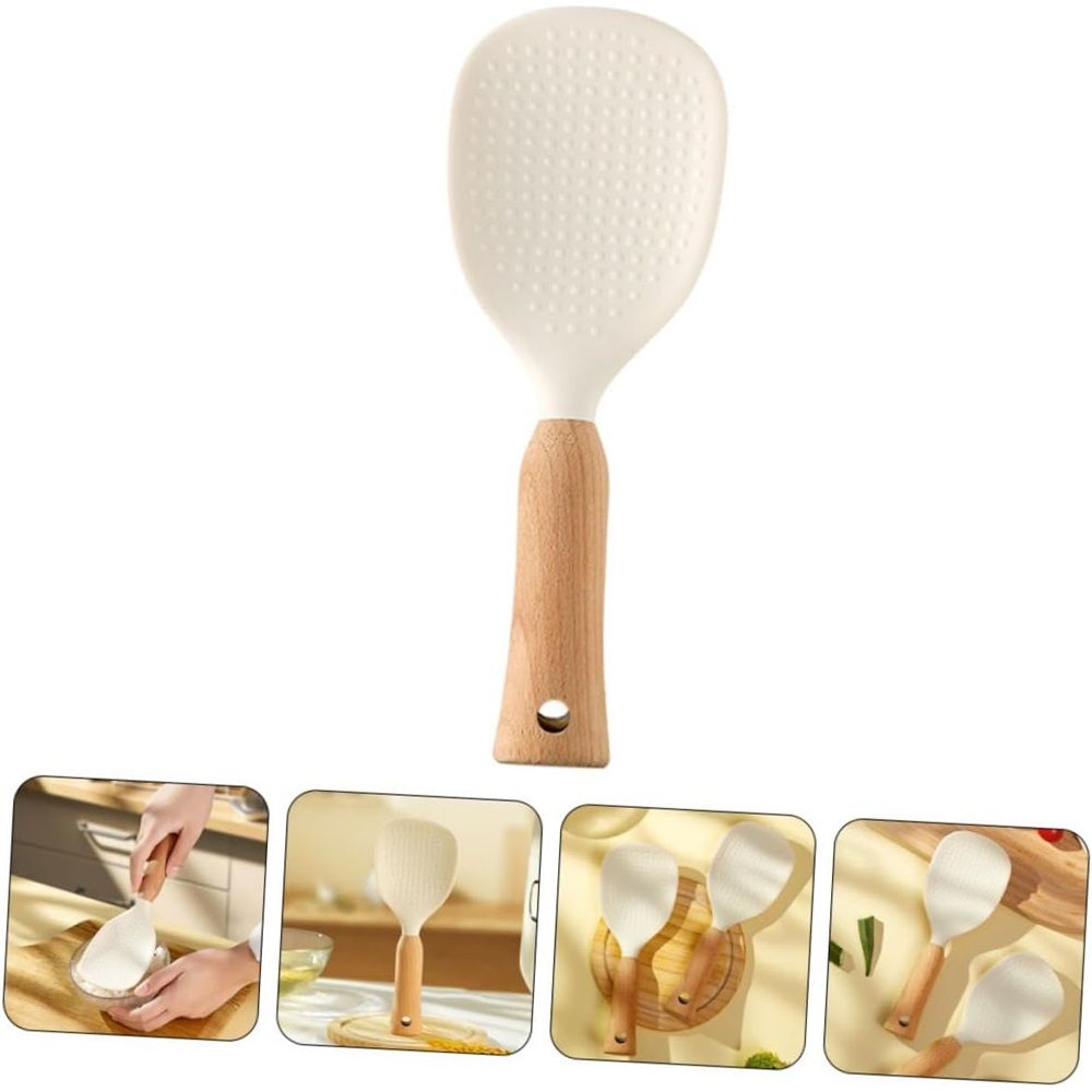 2 Pcs Standing Silicone Rice Spoon Paddle with Wood Handle, Nonstick Standing Rice Cooker Spatula for Kitchen Cooking