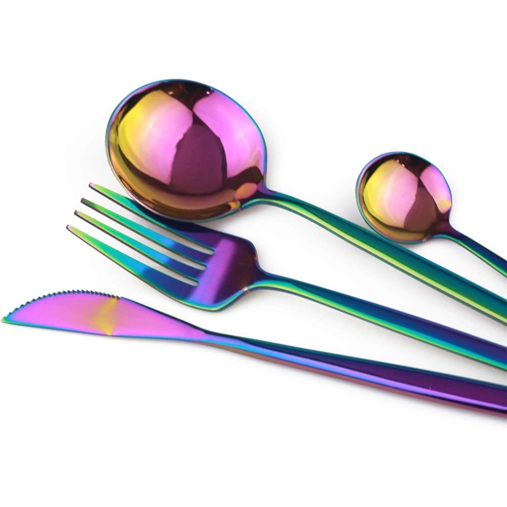 24-Piece Flatware Set, Stainless Steel Knife Fork Spoon Teaspoon Silverware Set, Service for 6, MIrror Rainbow
