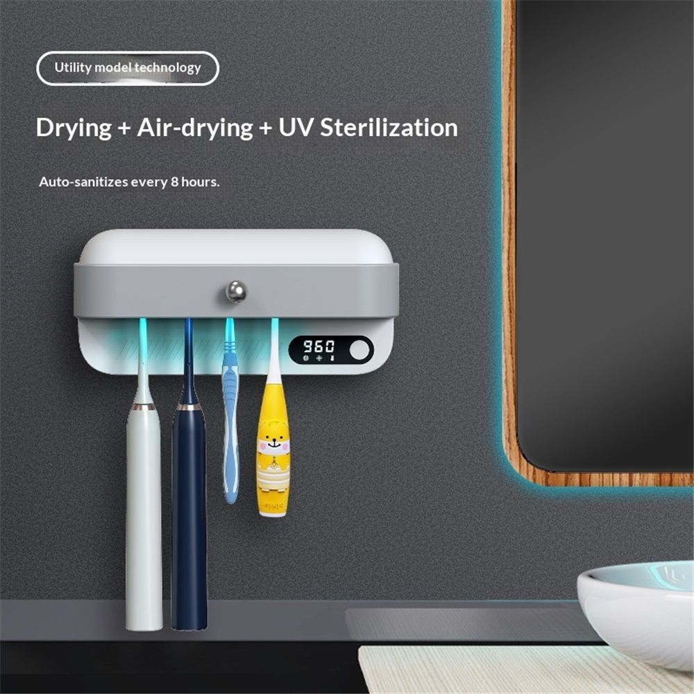 Toothbrush Dryer Holder, Heating Plate and Fan Drying Function, Rechargeable and Timing Tooth Brush Holder Wall-Mounted for Bathroom, No Drilling, 4 Slots