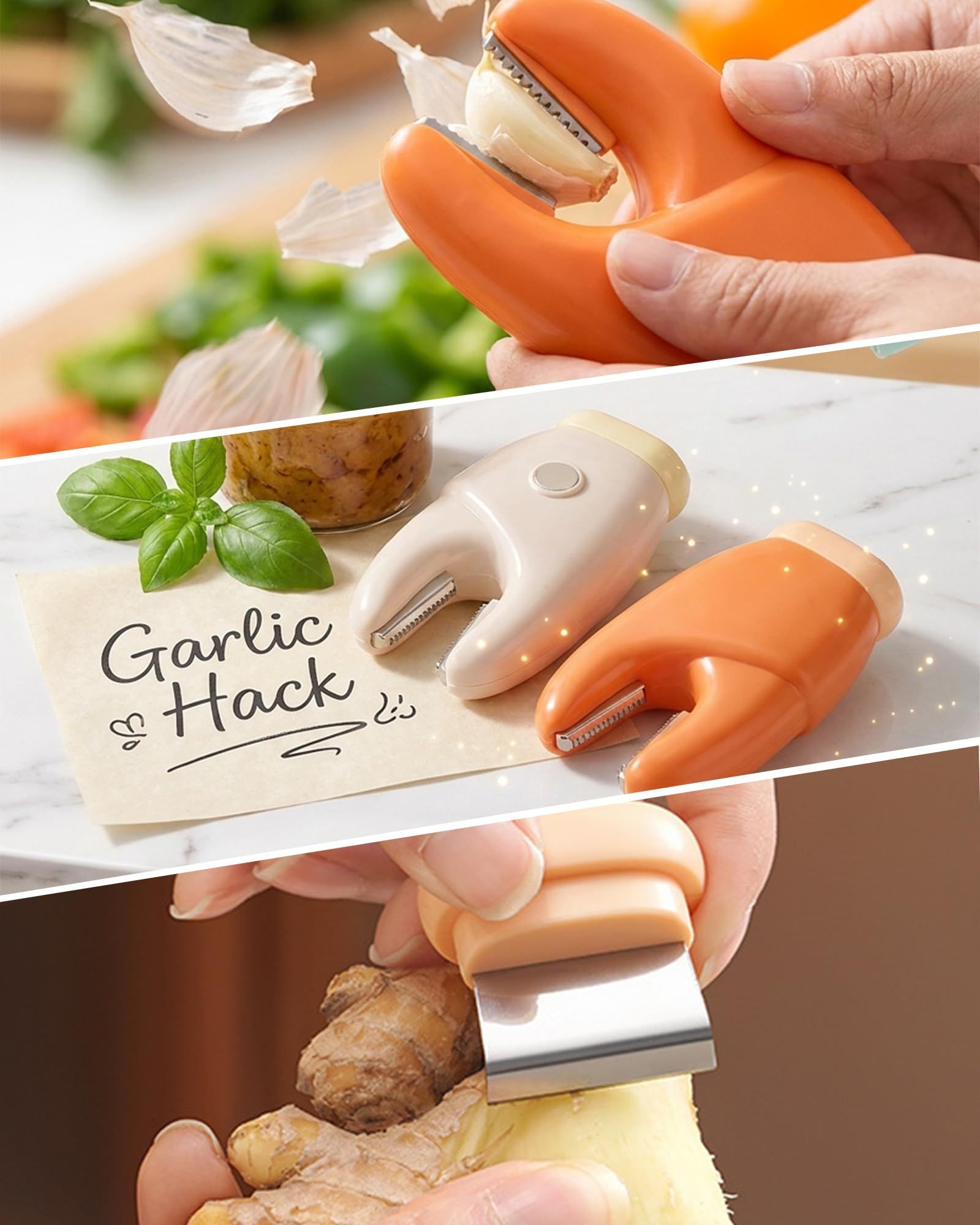 2-Pack 2-in-1 Stainless Steel Garlic Peeler Skin Remover, Multifunctional Efficient Vegetable Peeler for Carrots, Ginger, Kitchen Tool That Avoids Garlic Smell on Your Hands（Beige）