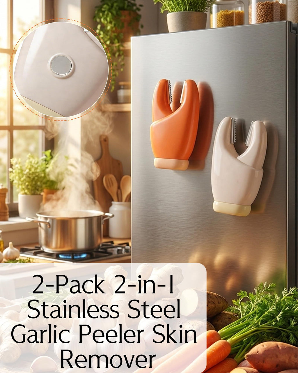 2-Pack 2-in-1 Stainless Steel Garlic Peeler Skin Remover, Multifunctional Efficient Vegetable Peeler for Carrots, Ginger, Kitchen Tool That Avoids Garlic Smell on Your Hands（Orange）