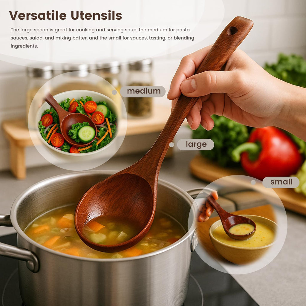 3 Pack Wooden Spoons for Cooking, Heat‑Resistant Wooden Kitchen Utensils with Long Handles, Non‑stick Cookware Safe Wooden Spoon Set for Deep Pots Bowls, Stirring Thick Stews and Serving Food