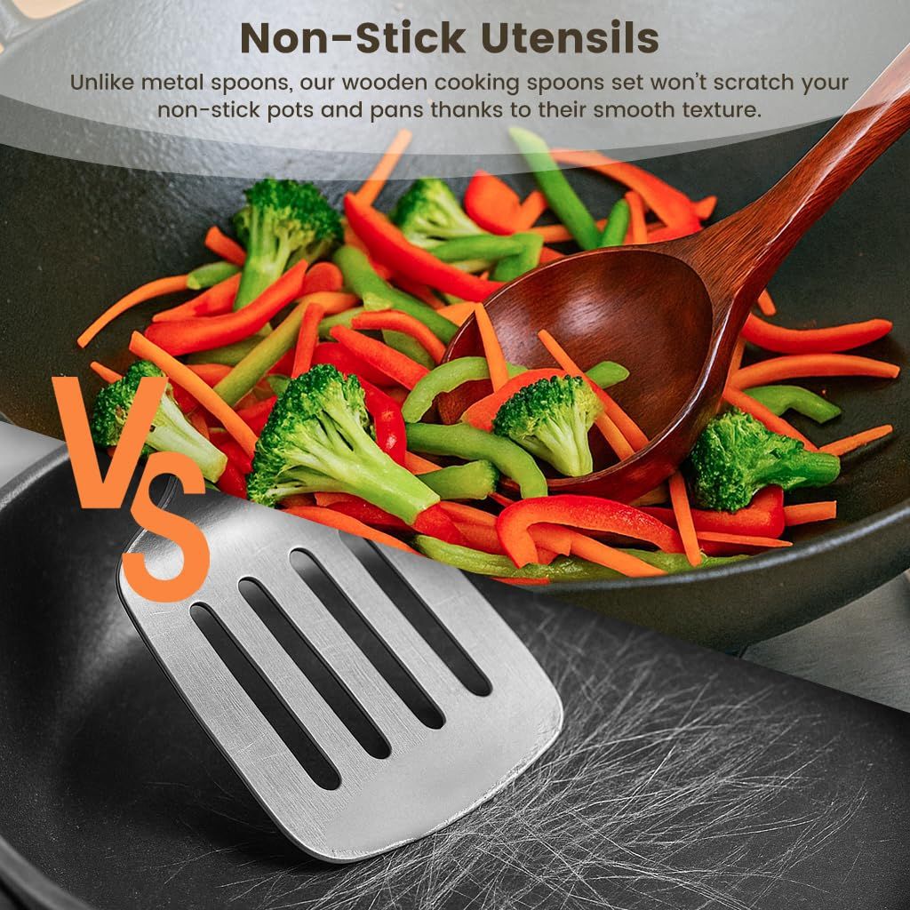 3 Pack Wooden Spoons for Cooking, Heat‑Resistant Wooden Kitchen Utensils with Long Handles, Non‑stick Cookware Safe Wooden Spoon Set for Deep Pots Bowls, Stirring Thick Stews and Serving Food