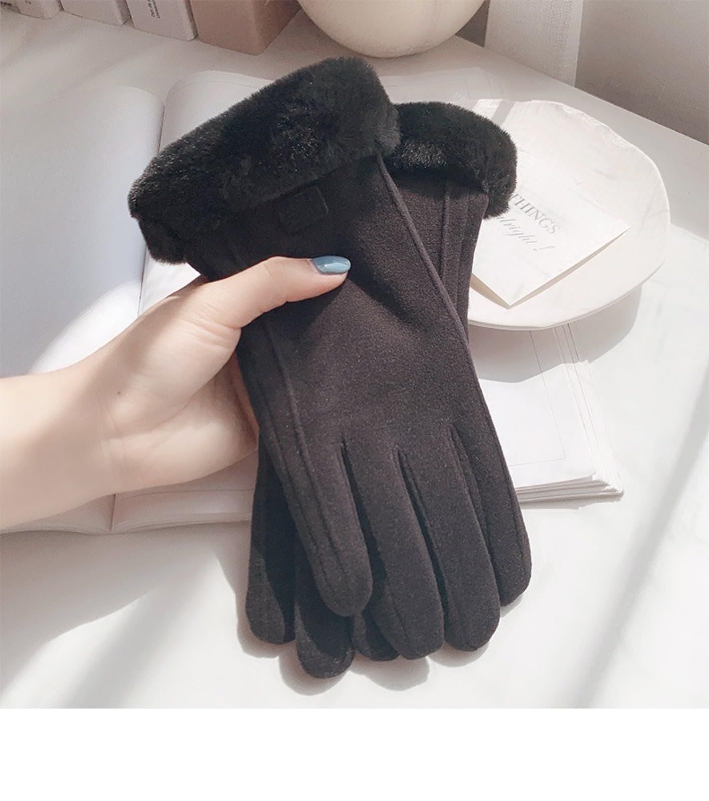 Off-white women's Minimalist Solid Color Touchscreen Gloves, Elegant Modern Windproof Warm Riding, Fuzzy Gloves for Fall & Winter