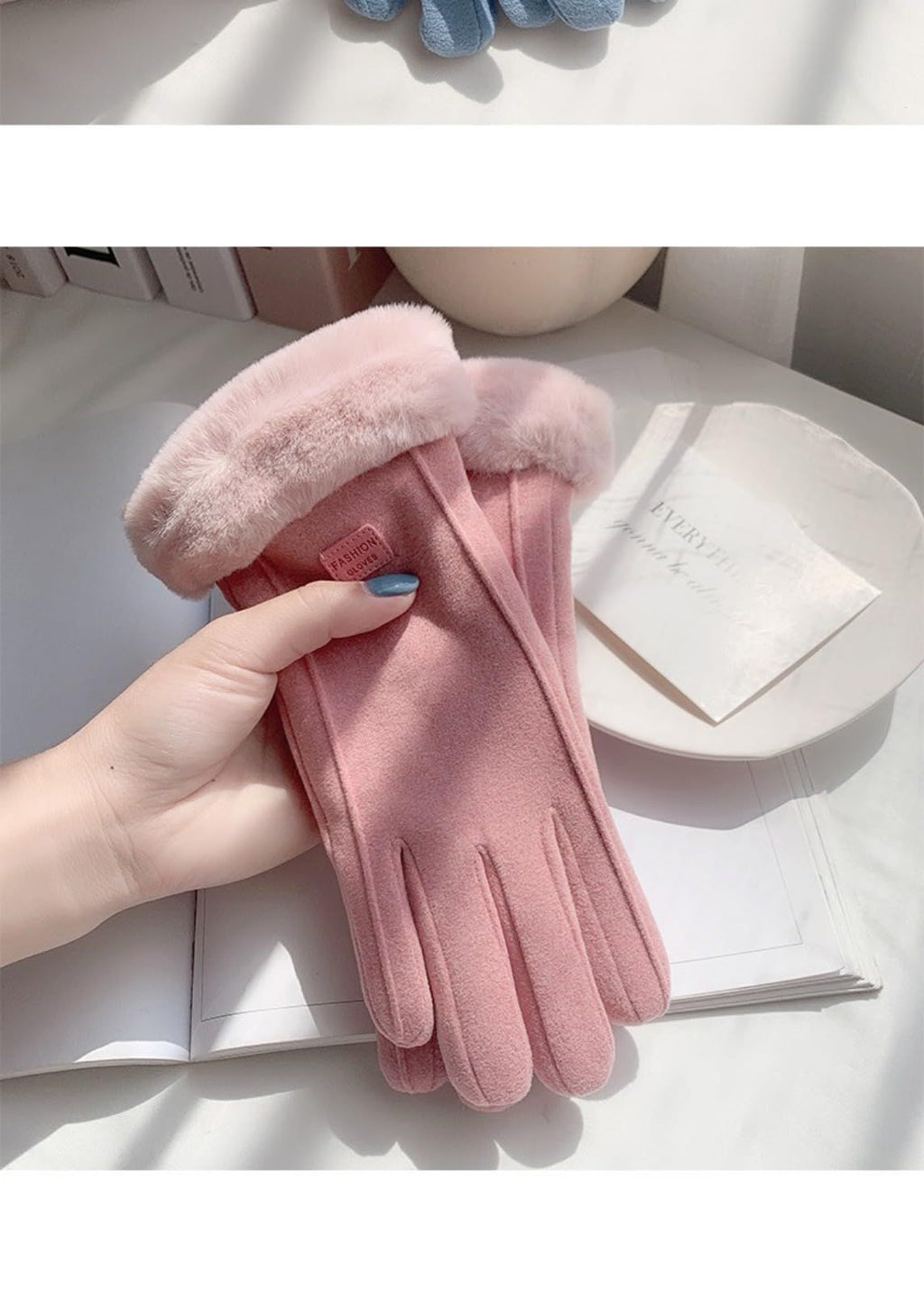 Grey women's Minimalist Solid Color Touchscreen Gloves, Elegant Modern Windproof Warm Riding, Fuzzy Gloves for Fall & Winter