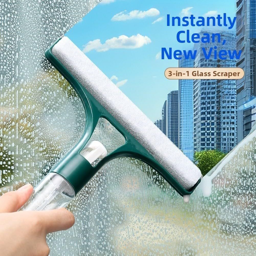 Light Green 2-in-1 for  Window Squeegee with Built-in Sprayer, Silicone Glass Cleaner Scraper with Sponge Wiper Shower Mirrors Cars, Streak- Cleaning Tool.