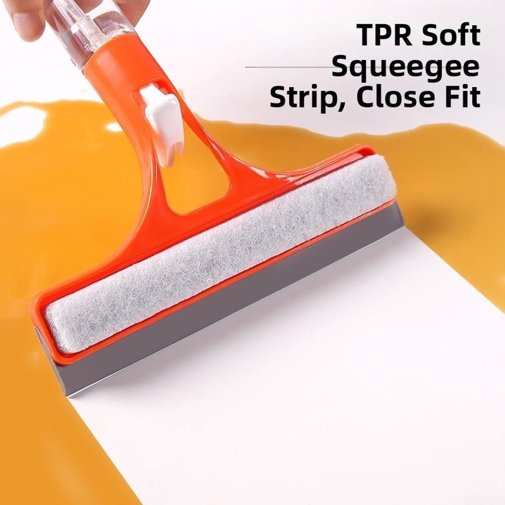 Orange 2-in-1 for  Window Squeegee with Built-in Sprayer, Silicone Glass Cleaner Scraper with Sponge Wiper Shower Mirrors Cars, Streak- Cleaning Tool.
