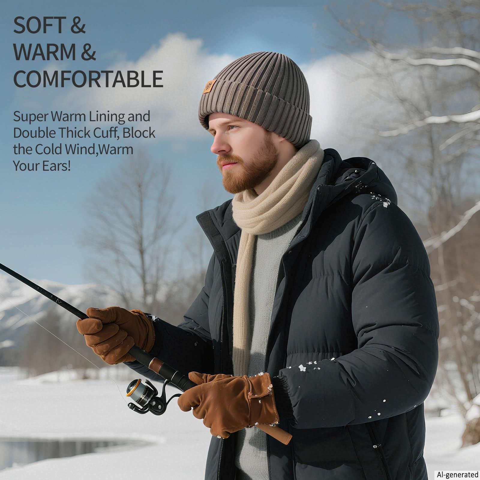 Unisex brown warm knitted winter hat, fleece lining, soft and warm, ski hat, narrow brim, suitable for cold weather.