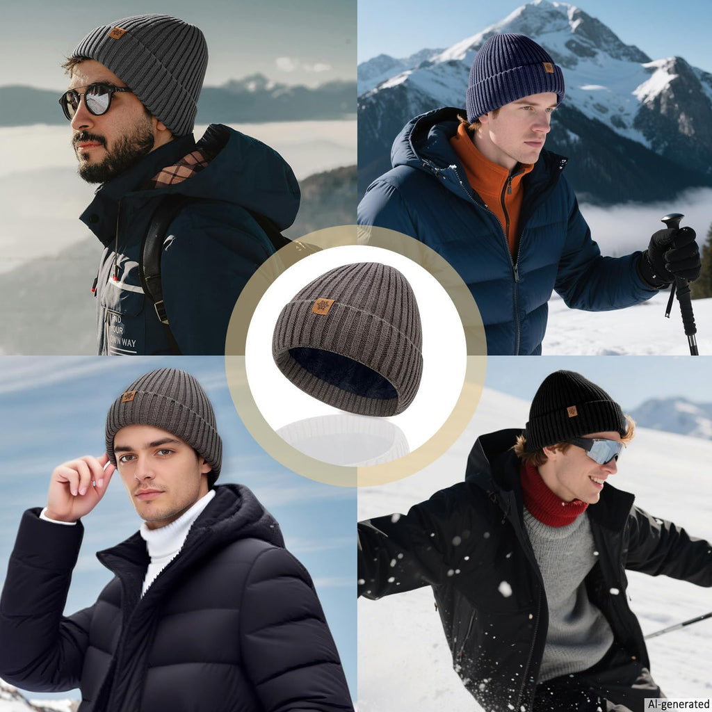 Unisex navy blue warm knitted winter hat, fleece lining, soft and warm, ski hat, narrow brim, suitable for cold weather.