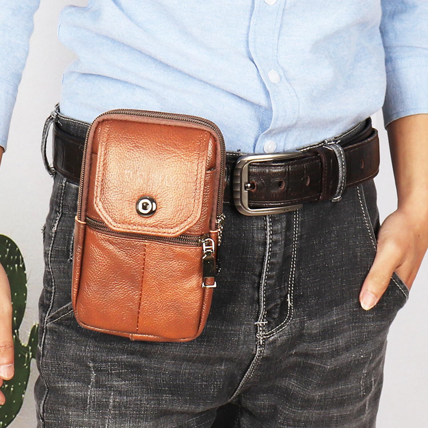 Brown genuine Leather Men’s Crossbody Waist Bag, Multifunctional Belt Pouch, Portable Outdoor Phone & ID Card Holder, Casual Fanny Pack for Daily‑use