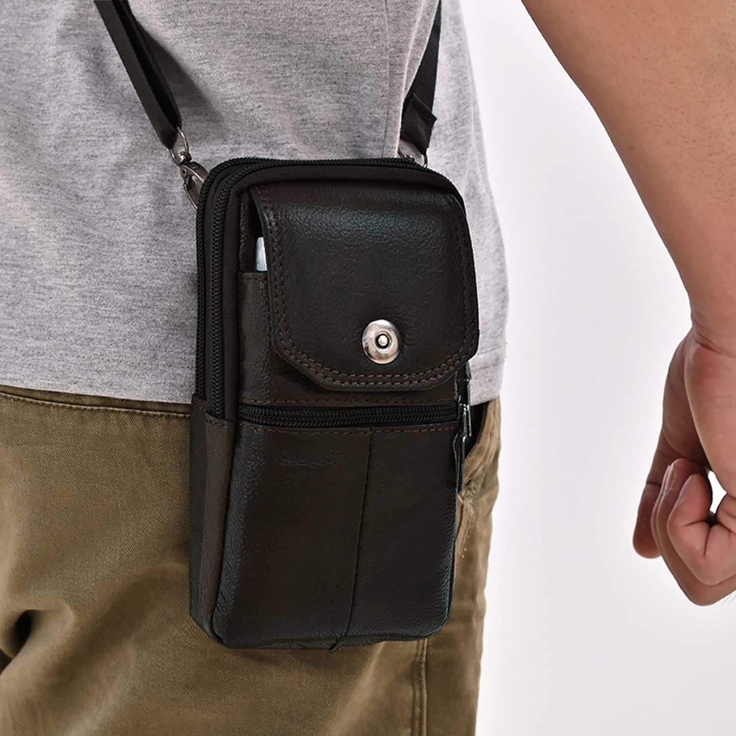 Black genuine Leather Men’s Crossbody Waist Bag, Multifunctional Belt Pouch, Portable Outdoor Phone & ID Card Holder, Casual Fanny Pack for Daily‑use