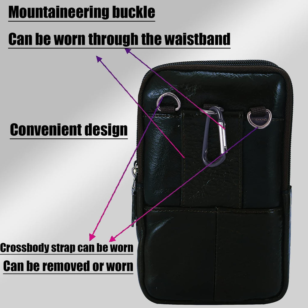 Black genuine Leather Men’s Crossbody Waist Bag, Multifunctional Belt Pouch, Portable Outdoor Phone & ID Card Holder, Casual Fanny Pack for Daily‑use