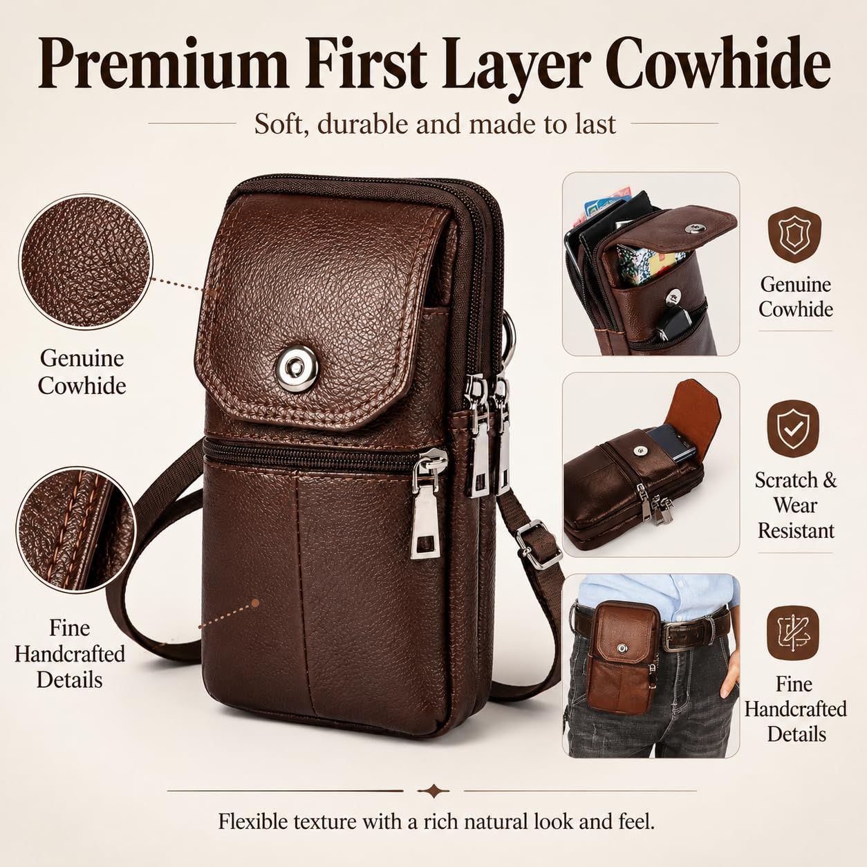 Coffee genuine Leather Men’s Crossbody Waist Bag, Multifunctional Belt Pouch, Portable Outdoor Phone & ID Card Holder, Casual Fanny Pack for Daily‑use