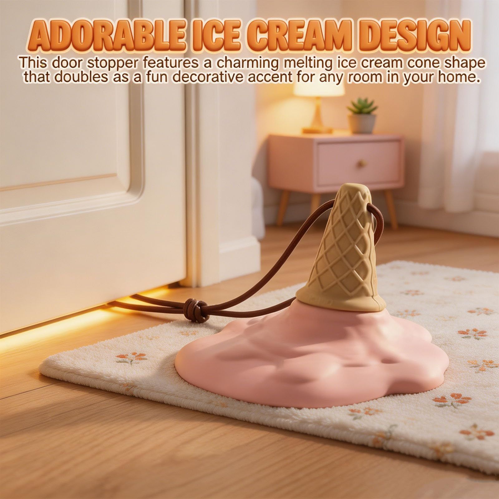 Pink Cartoon Ice Cream Shaped Silicone Door Stopper with Suction Cup Base Detachable Lanyard Multi‑Color Optional for Household Door Positioning Anti‑Collision Interior Safety Layout
