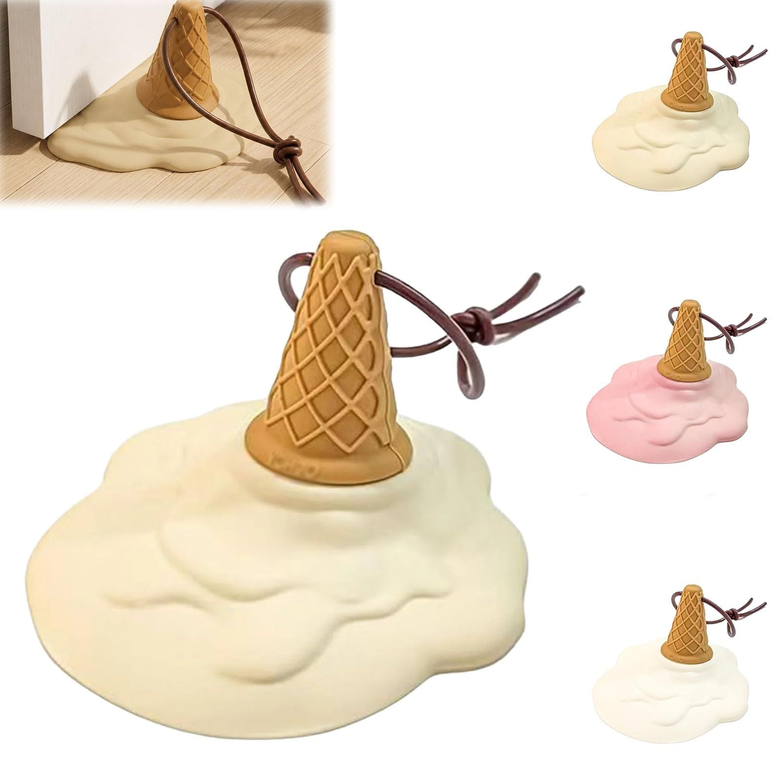 White Cartoon Ice Cream Shaped Silicone Door Stopper with Suction Cup Base Detachable Lanyard Multi‑Color Optional for Household Door Positioning Anti‑Collision Interior Safety Layout
