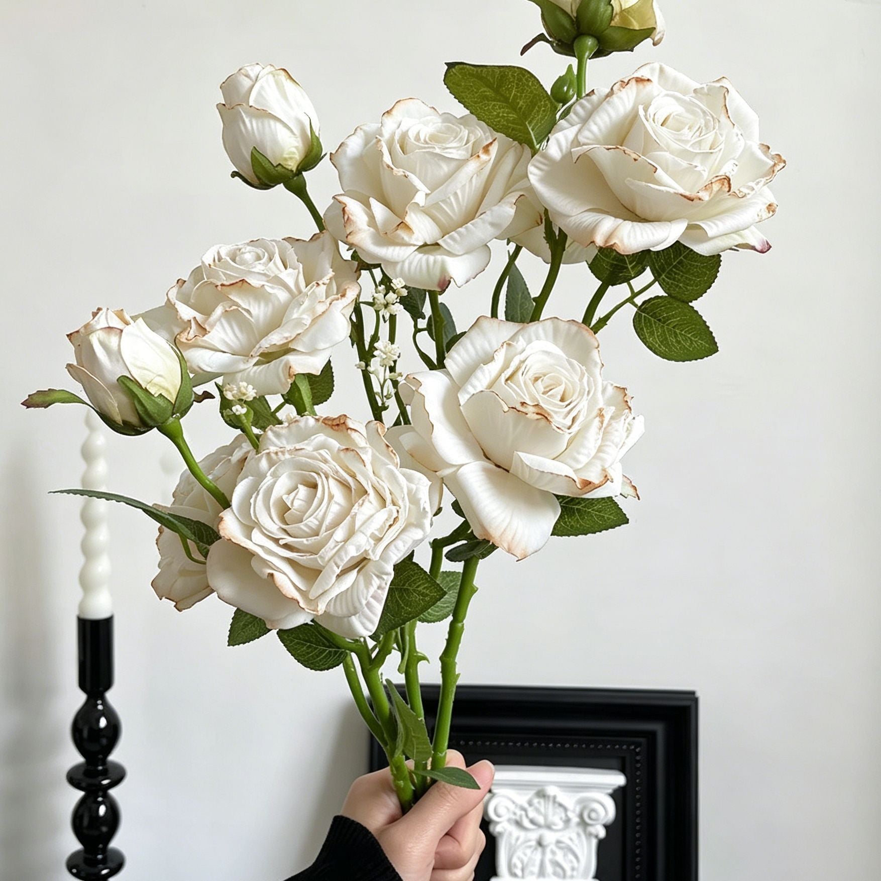 Vintage Burnt Edge Artificial Rose, Pure White Soft Decor, 5 Pack